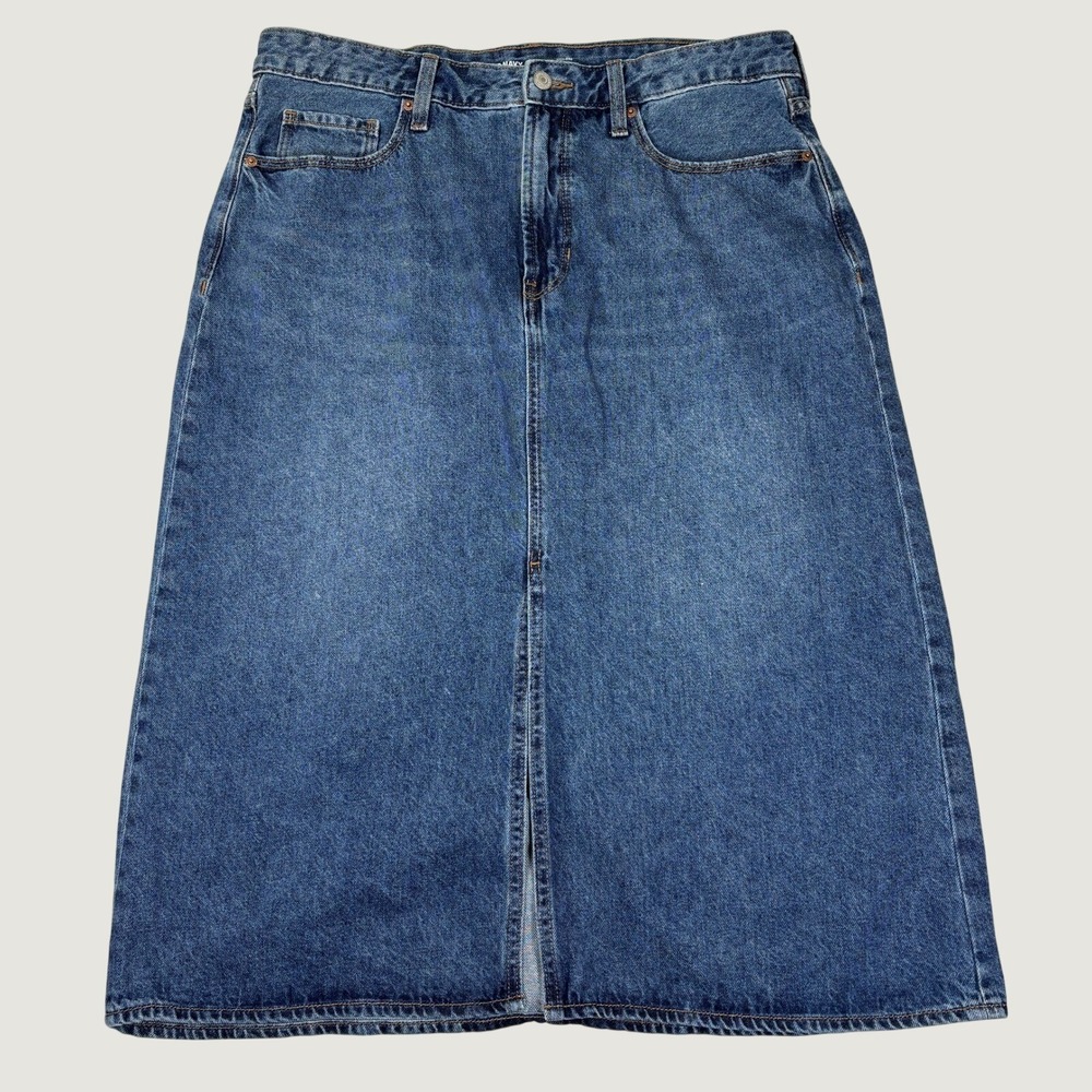 Old Navy Denim Midi Skirt Womens 16 High Rise 100%‎ Cotton Front Slit